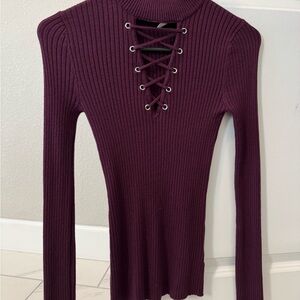 Planet Gold Ribbed Lace-Up Long-Sleeve Top - Plum